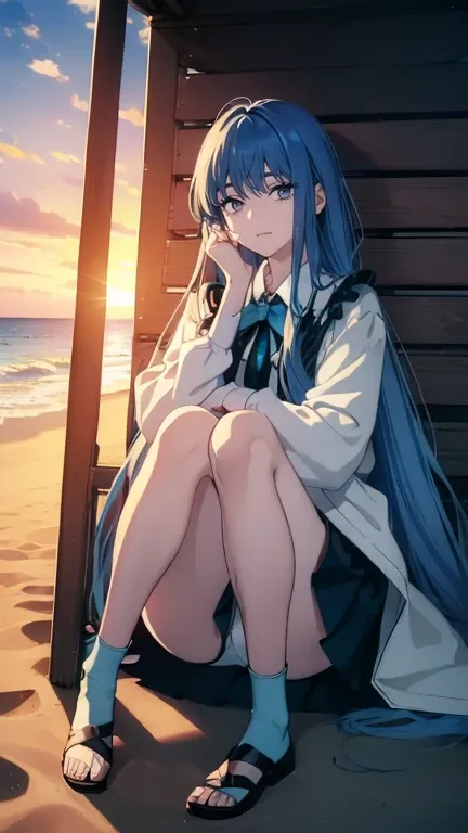 (((( Masterpiece,    best quality ,   super high resolution)))),   ((南国のBeing on the beach)) 1 girl, (((blue super long hair-，Blue hair that extends to about the knee)))、 (    black skirt、 long black hair   、 Wear a garter belt on your feet  、 Pichi Pichi ...