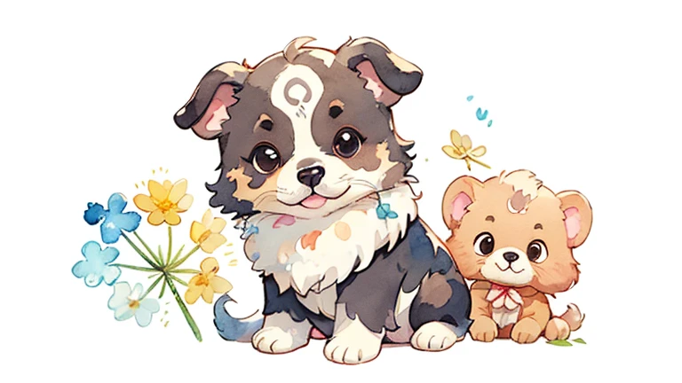 light brown puppy:1.5、 cute little 、 Big Eye、 fluffy fur 、 simple background 、 watercolor、Dandelion