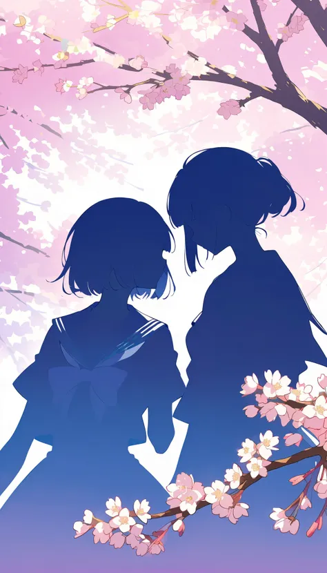  1 girl。 short hair 。 straight bangs 。 Princess cut。 sailor suit。cherry blossoms。Main illustration silhouette。 silhouette illustrations。