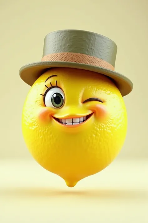 Make a picture of a yellow lemon winking and wearing a hat, grinning in 3D style