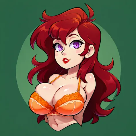  thin Caucasian girl with huge breasts,  with purple eyes with long eyelashes and sweet red lips,  she has a rough and sexy look , his very long wavy dark red hair . He has an orange bra. Style stickers and green background.