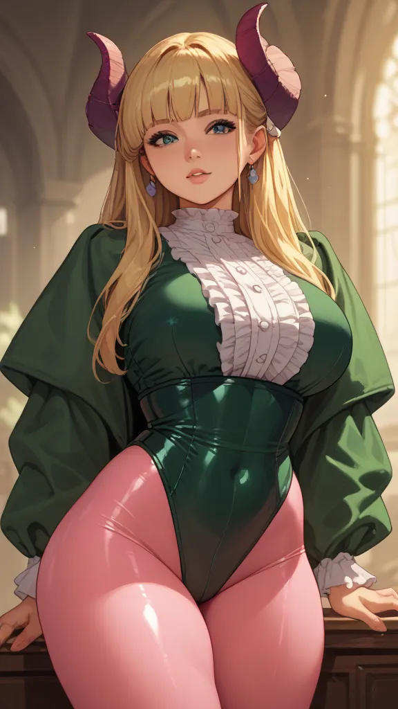 Fern, blonde hair, horns, green longsleeve black leotard, glossy, pink pantyhose, frills, ruffles, tight, perfect body, nice body, curvy, beautiful woman with curvy body, wide hips and thick thighs, 