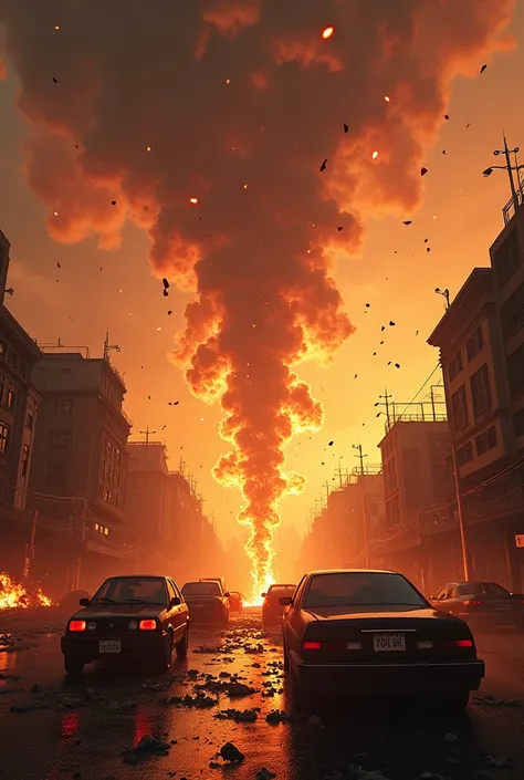 Make an apocalyptic background with fire falling from the sky, tornados, cars catching fire on the street