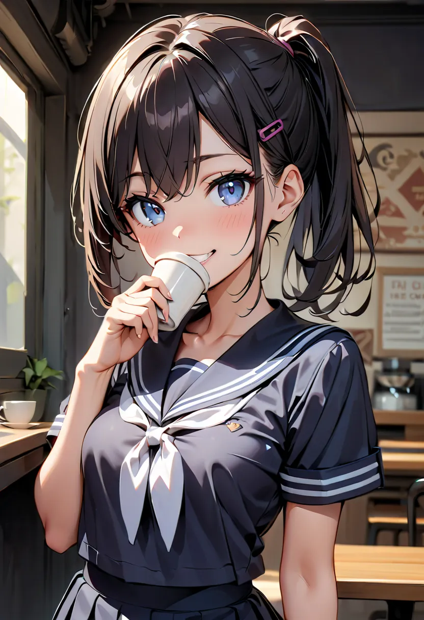 Commemorative photo of a girl ,  1 girl,   black hair, chiponytail，  hair clip,   girl,   uniforms ,  sailor suit, Cafe:1.2, , Coffee cup in hand:1.4,  cheeky face, mouths slightly open,  light and shadow with attention to detail,   Background Blur :1.2, L...