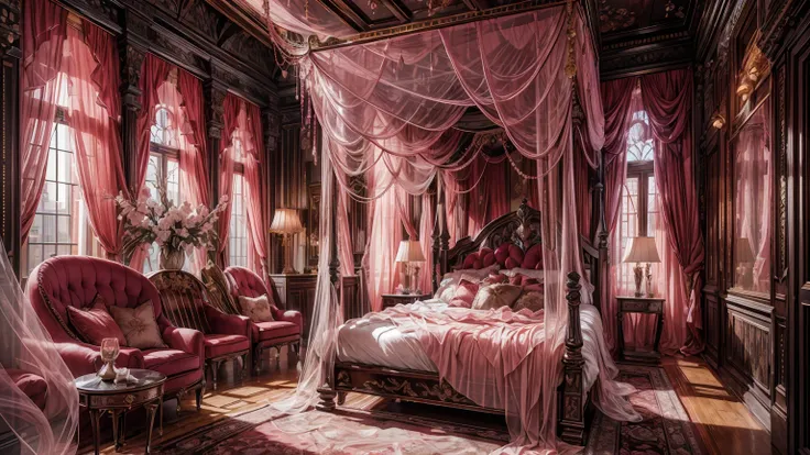 Best quality, masterpiece, ultra high res, raw photo, beautiful and aesthetic,deep shadow, fantasy theme,(ultra detailed:1.3), divine, royal bedroom, indoors, luxurious, canopy bed, full of curtains, pillows, jewelry, candlelight, queen chamber, pink room