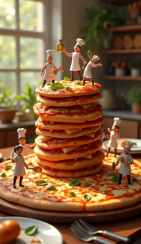 A giant pizza fresh out of the oven, with tiny chefs proudly standing on top, celebrating their success. Some chefs are slicing the pizza with oversized pizza cutters, while others are using spatulas to serve a slice. A chef is pouring extra olive oil from...