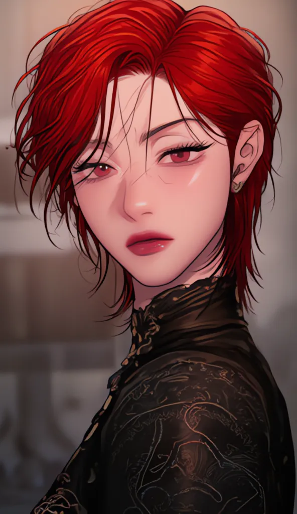 korean woman,  girl, Masculine,  short red hair  , prominent lips, Creamy skin, bright cheeks, sculpted face, prominent lips, very defined, ultra quality, Knight's outfit in black armour, perky chest, serious expression, arched eyebrows, greek nose, Yeux b...