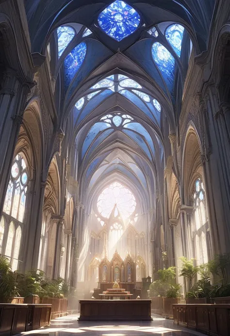 a cathedral interior with a domed ceiling covered in transparent blue stained glass windows that filter sunlight, white marble columns, sunlight streaming through the windows, intricate architectural details, dramatic lighting, high ceilings, serene and pe...