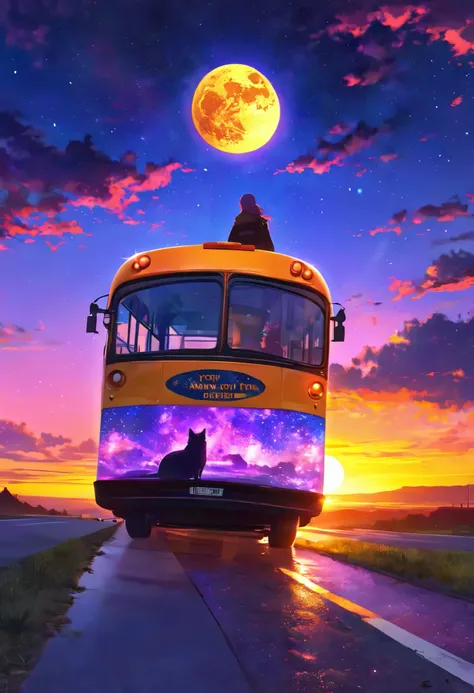 Cinematic , Realism, absurd sunsets form roads, Driveway represented only by sunsets, 0__11Xx _illu, Written with an illumination pen, break (A character with the head of the moon riding a night bus, I'm aiming for the night to perform after sunset), A bea...