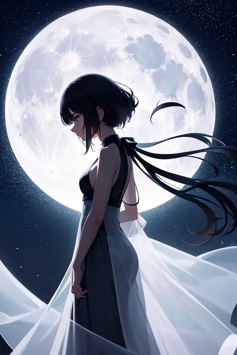  best quality,Big moon and shadow,A silhouette of a person can be seen against the backdrop of a large moon.,There is one full moon,There is a mood, beautiful scenery, starry sky 