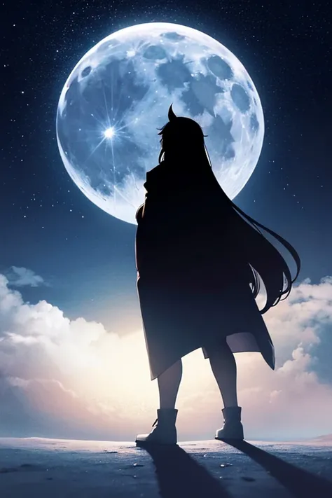  best quality,Big moon and shadow,A silhouette of a person can be seen against the backdrop of a large moon.,There is one full moon,There is a mood, beautiful scenery, starry sky 