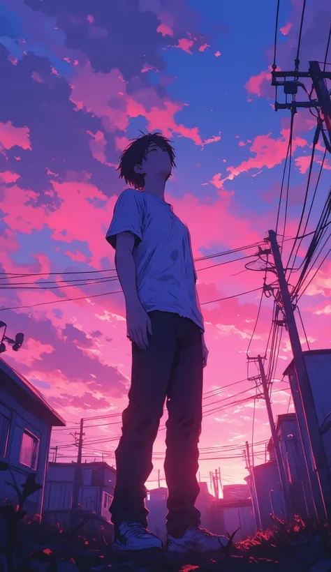 anime guy full body looking high at the pinkish moody dusk sky, camera is set at the ground, ant view, exhausted, wide-angle view, bottom to top camera angle, moody