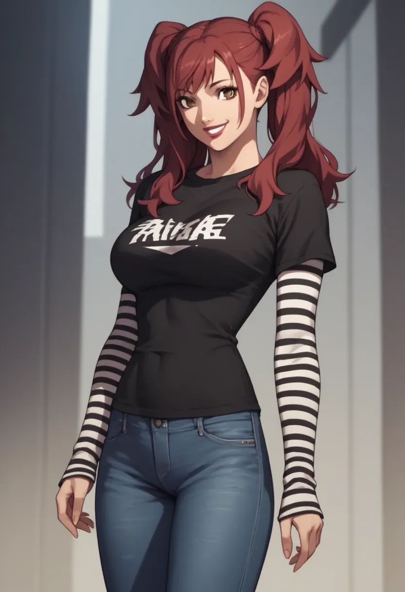 1 girl, solo, black short sleeve t-shirt, layered sleeves, white long sleeves, jeans, black t-shirt over white long sleeves, confident smile, large breasts, striped sleeves, black and white stripes, Rise, brown-red hair, twintails, brown eyes, lipstick