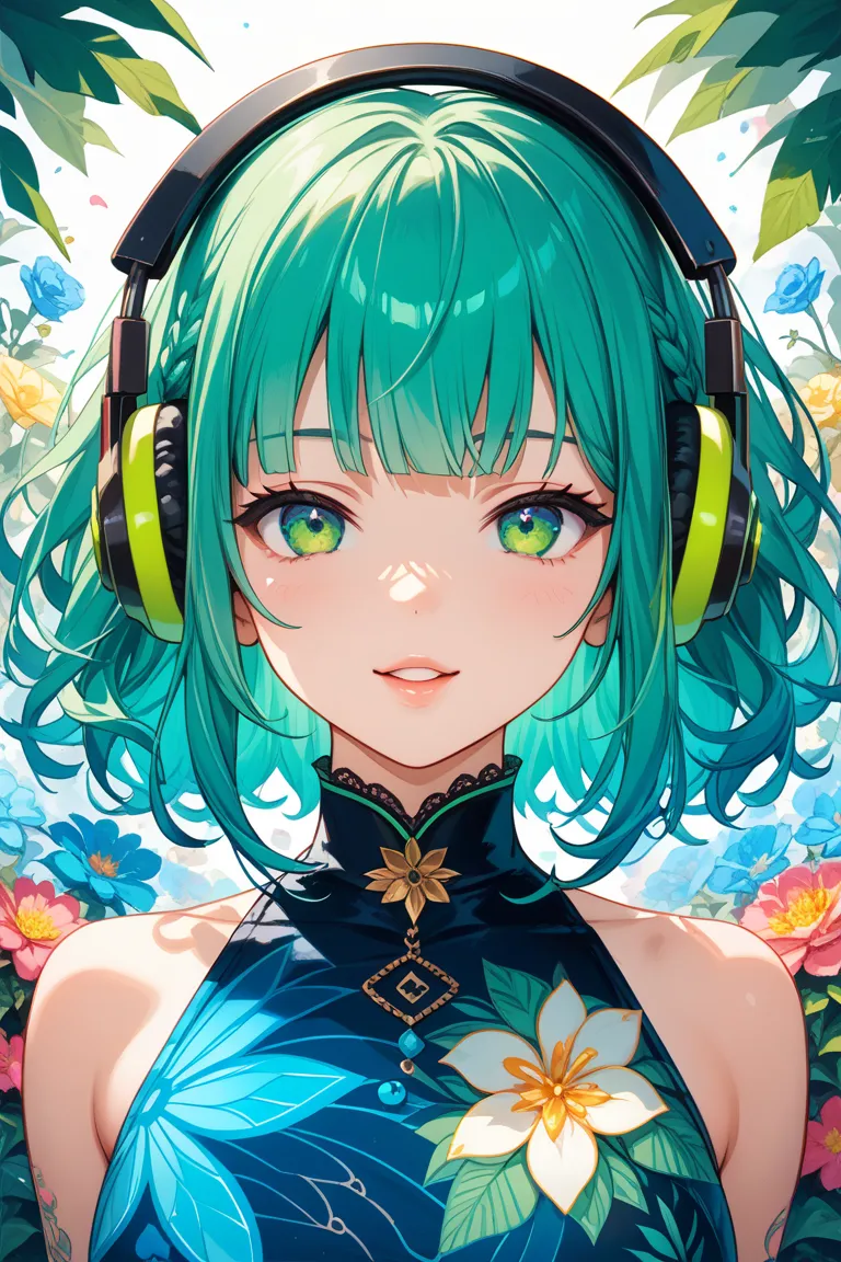 An anime-style girl, positioned slightly off-center to the left of the image, is depicted.  She is young, with a light complexion, and limegreen hair.  Her eyes are a limegreen, and her facial expression is pensive or thoughtful. Her lips are a limegreen,l...