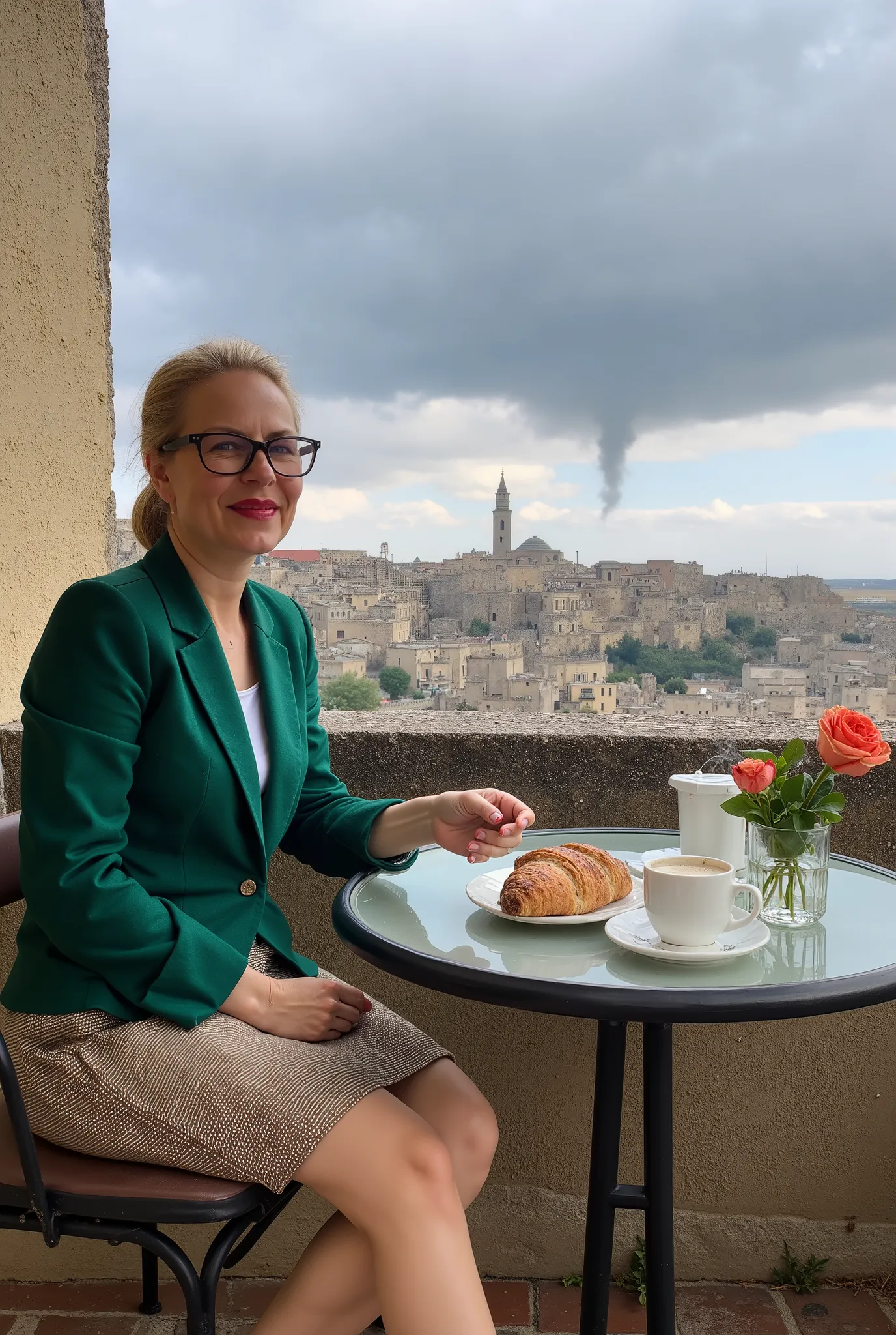 Italian woman /(elegant green tailleur)/ 55 years old hair gathered in a light blond bun.  On her head there secretary glasses.  Lips painted red .  In a green tweed suit .   Sits in an outdoor cafe on the terrace at a round glass table .  on the table a r...