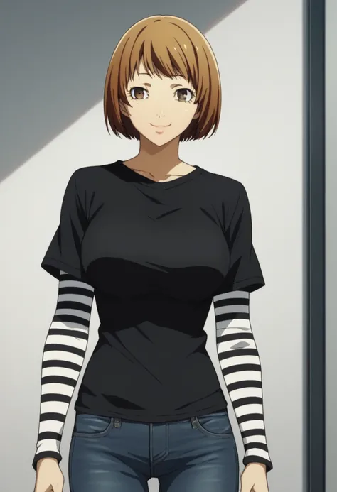 1 girl, solo, black short sleeve t-shirt, layered sleeves, white long sleeves, jeans, black t-shirt over white long sleeves, confident smile, large breasts, striped sleeves, black and white stripes, Chie Satanoka, brown hair, bob cut, brown eyes