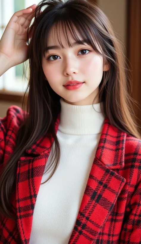 1  beautiful若い女の子, 非常に beautiful詳細な顔,  smiles shyly while wiping hair , Symmetrical black eyes,  small breasts), (Red Houndstooth Coat :1.4), (off-white turtleneck sweater dress:1.3), The princess cut her hair, (Detailed face:1.2),  high quality,  realisti...