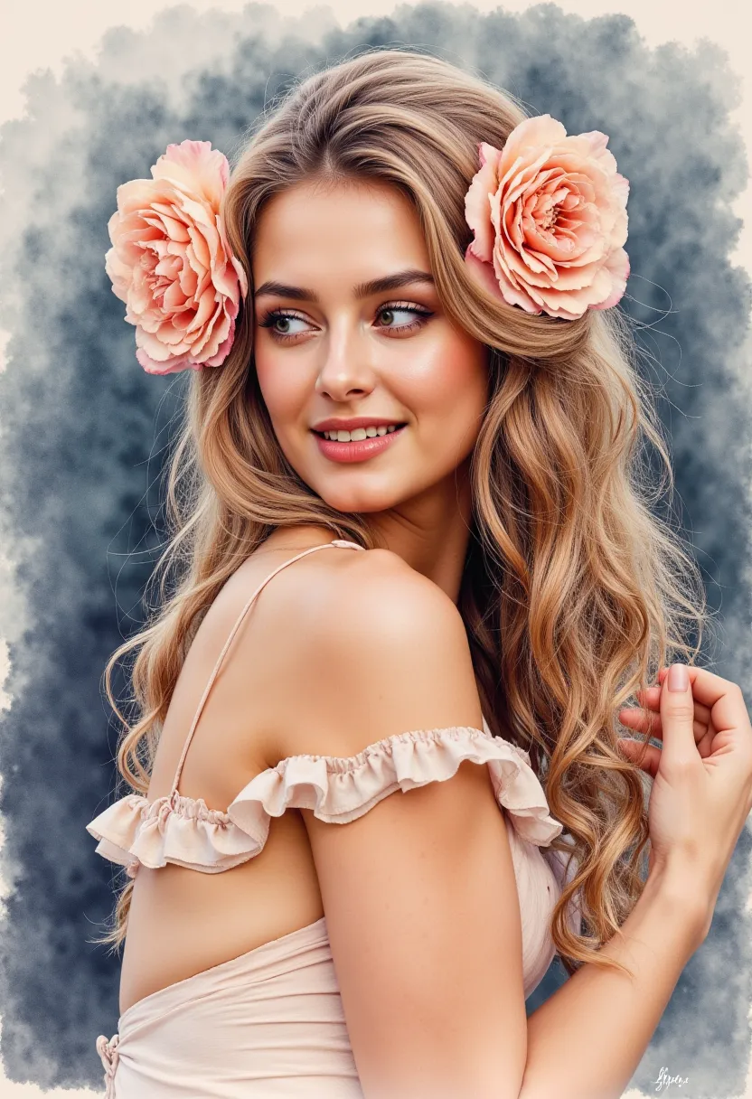 Create a realistic very detailed watercolor, surrealistic portrait. Essential beautiful woman, with a perfect face, makeup. Long hair. profile looking down. A soft smile. In her hair of soft giant roses that have affected her skin. Large plan, photorealist...