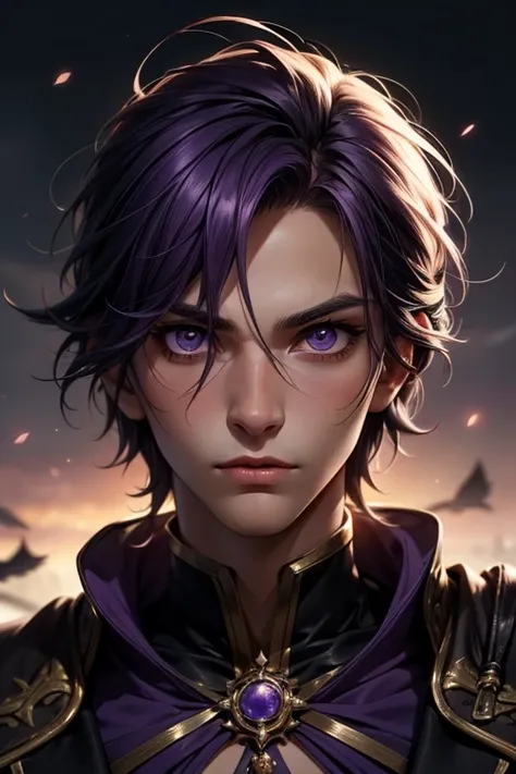 anime boy, handsome face, cold gaze, purple hair, light purple eyes, prince style, fantasy kingdom background, (sharp eye details), sharp face details), (body details), (make clear and good pictures), (make 4k and 8k pictures), (masterpiece)