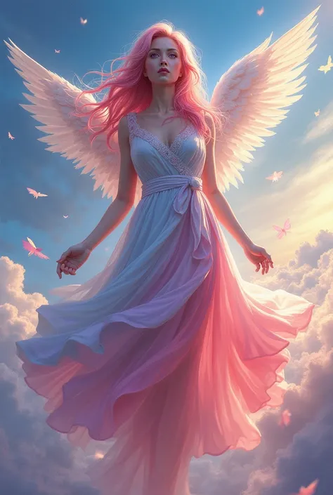 Digital artwork , full body, woman angel with long pink hairstyle, purple eyes, blue and red and white dresse in the sky