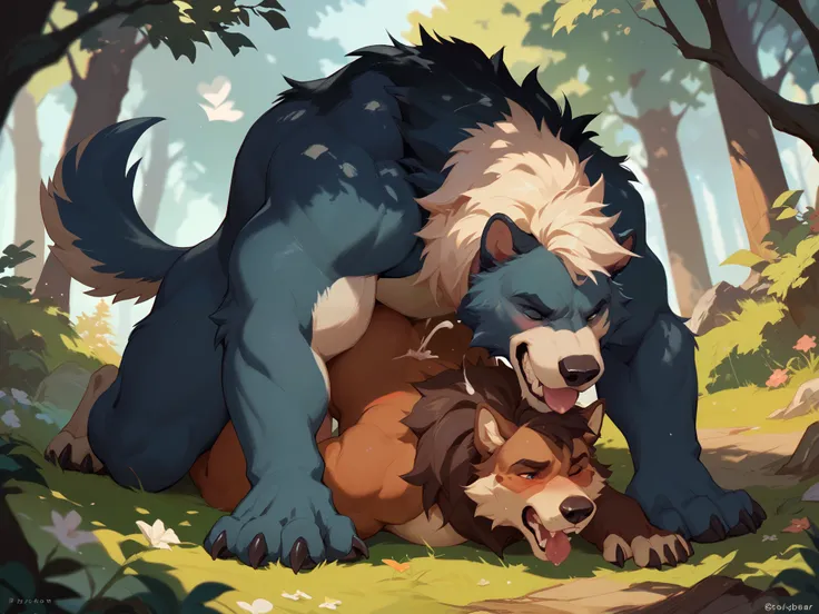 Feral bear, on all fours,  in forest, grizzley bear, on top of wolf anthro, fucking, forced pinned down, fucking anthros ass, cumming, hearts 💕 