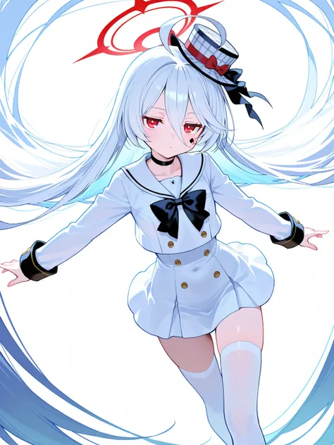 master piece, best quality, looking up, looking at viewer, front view, dynamic pose, white theme, white hair, multicolored hair, absurdly long hair, ahoge, colored inner hair, hair between eyes, red_eyes, halo, stick out hair, slender, petite, white_thighh...