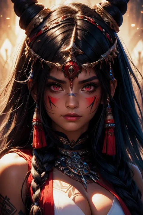 score_9, score_8_up, score_7_up,
KRKNK, 1girl, portrait, beautiful, tiefling shaman, black hair, (long hair:1.3), side bangs, headband horns, barbarian, gladiator, war paint, tribal markings, long tail, blue skin, red lips, red eyes, glowing eyes, (smug:0....