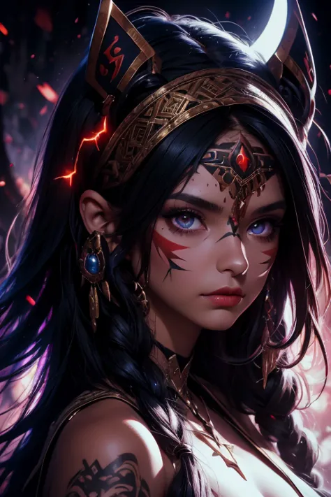 score_9, score_8_up, score_7_up,
KRKNK, 1girl, portrait, beautiful, tiefling shaman, black hair, (long hair:1.3), side bangs, headband horns, barbarian, gladiator, war paint, tribal markings, long tail, blue skin, red lips, red eyes, glowing eyes, (smug:0....