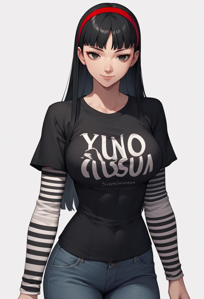 1 girl, solo, black short sleeve t-shirt, layered sleeves, white long sleeves, jeans, black t-shirt over white long sleeves, confident smile, large breasts, striped sleeves, black and white stripes, Yukiko, black hair, long hair, black eyes, red hairband