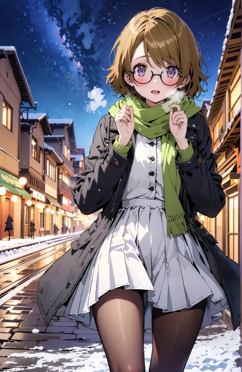 Hanayo Koizumi,  short hair ,  brown hair,  purple eyes,Glasses,blush, open your mouth, White Breath,green scarf, black down coat , white long skirt,black pantyhose, Bbo~, standing,snow,night,綺麗なnight景, Beautiful Streetscapes,whole bodyがイラストに入るように,       ...