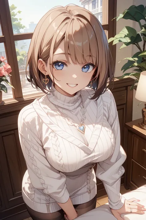 1 girl、 blue eyes、 bob cut  、 tall 、 provocative、Light brown skin、 Active、  dark brown hair、ring、 pink nails 、earring、 Smile、 forward bending、Private room、black stockings、 white knit dress、 white sweater、air quotes