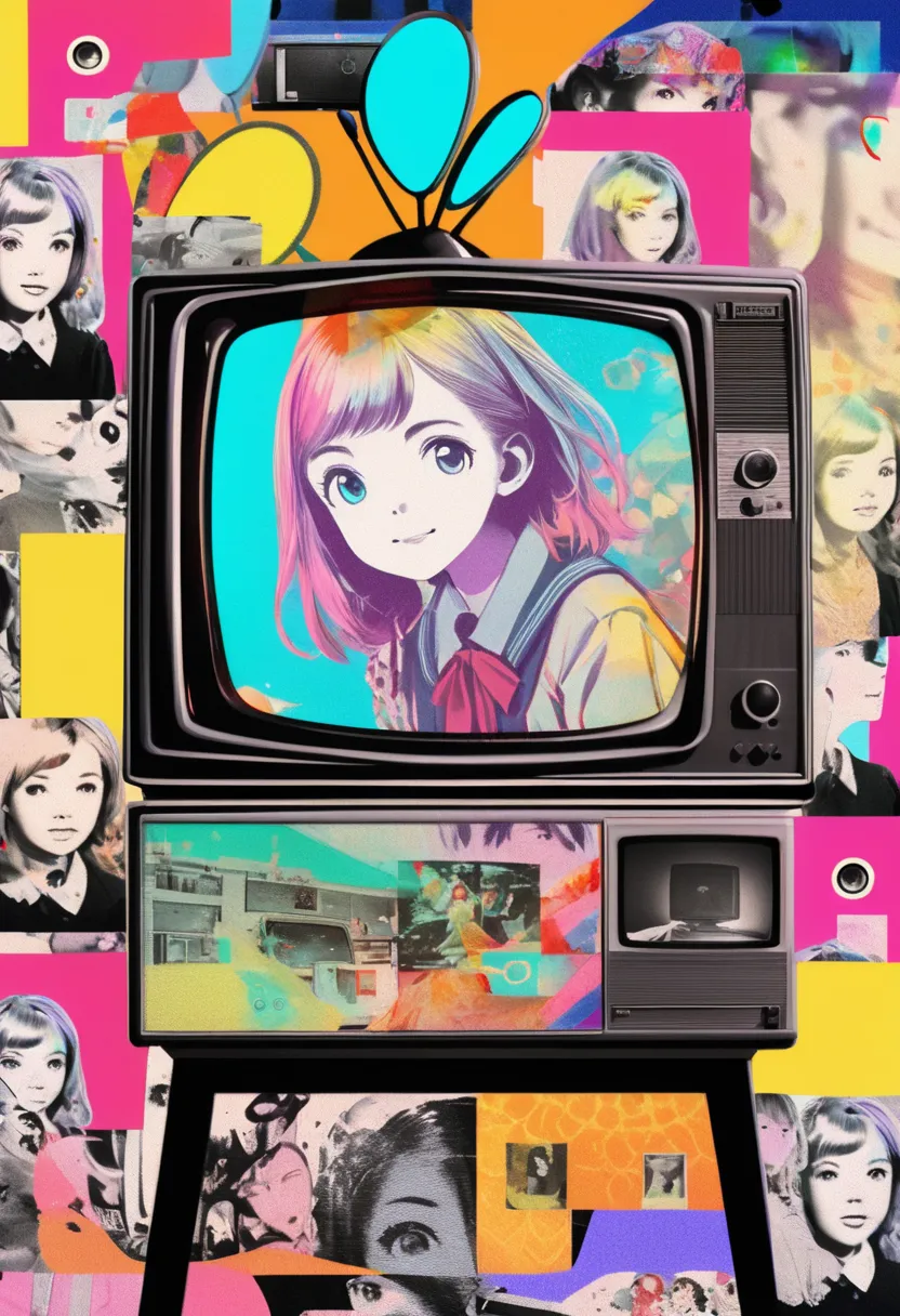 (masterpiece, best quality),(multiple exposure screen:1.2),vibrant colors, post-grunge, intricate details, detailed depiction,
print collage depicting,(a tween girl watching retro tv),detailed face,she is surrounded by retro monitor symbols,wearing school ...