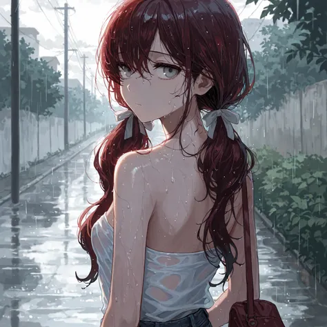  (Masterpiece, best quality), intricate details, solo, JK, girl, thin, looking back, sad expression, heavy eyes, small breasts, dark red hair, low twin tails, hair ribbons, stoic, gray eyes, white strapless top, jeans, ((long swept bangs)), street, nature,...