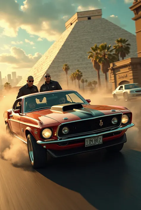 Mexican gangsters driving a muscle car near a Mexican pyramid. In the background the city of Los Angeles California 