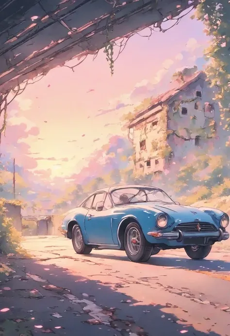 Sunset，Coastline，Abandoned garage bathed in warm, soft light at dusk. A vintage sports car from the 1950s sits rusty and worn, its body weathered to a dull sheen. Cracked glass and dusty dashboard evoke a sense of neglect, while cracked tires hint at disus...