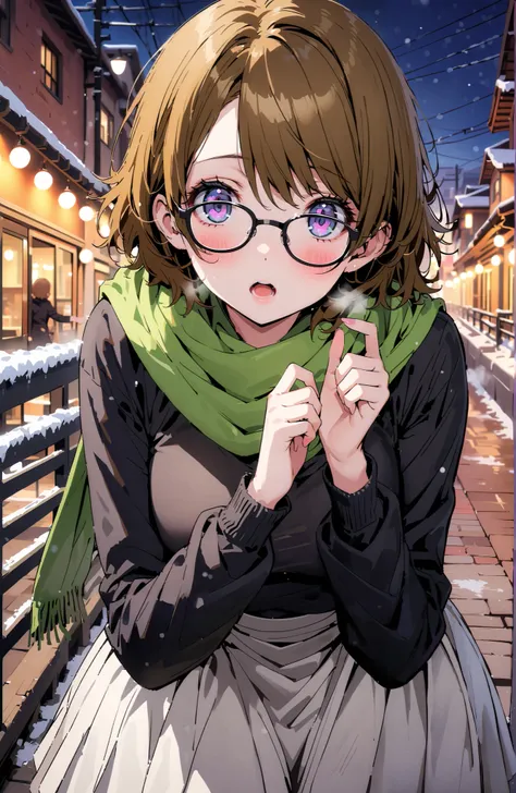  Hanayo Koizumi,  short hair ,  brown hair,  purple eyes,Glasses,blush, open your mouth, White Breath,green scarf,black hooded down coat,Black Sweater, white long skirt,black pantyhose, Bbo~, standing,snow,night,綺麗なnight景, Beautiful Streetscapes,whole body...