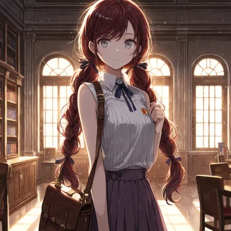  (Masterpiece, best quality), intricate details, JK, girl, satchel, light particles, books, dark red hair, swept bangs, low twin tails, hair ribbons, stoic, gray eyes, white sleeveless collared shirt, ribbed gray sleeveless vest, school crest, pleaded purp...