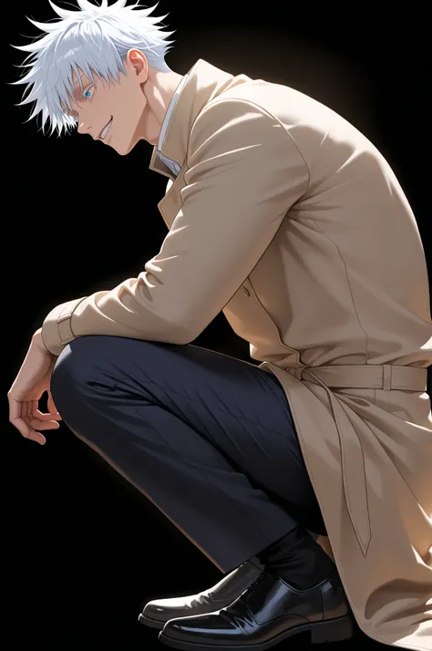 masterpiece, best quality, amazing quality, very aesthetic, vibrant colors, BREAK 1boy, male focus, gojou satoru, jujutsu kaisen, white eyelashes, blue eyes, white hair, short hair, sexy man, handsome, mature male, long coat, white shirt, pants, black foot...