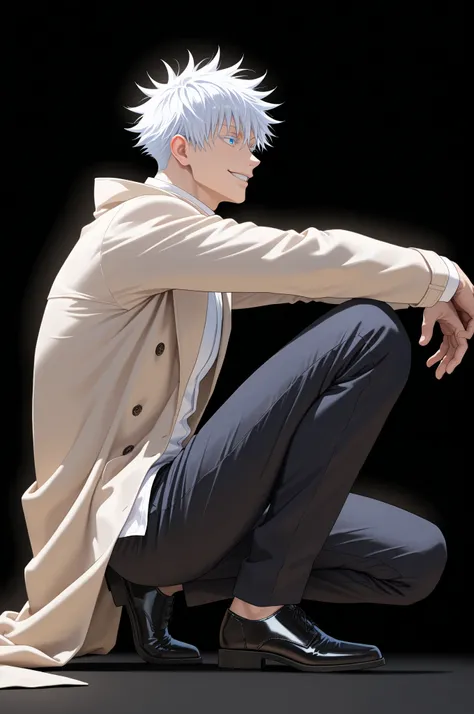 masterpiece, best quality, amazing quality, very aesthetic, vibrant colors, BREAK 1boy, male focus, gojou satoru, jujutsu kaisen, white eyelashes, blue eyes, white hair, short hair, sexy man, handsome, mature male, long coat, white shirt, pants, black foot...