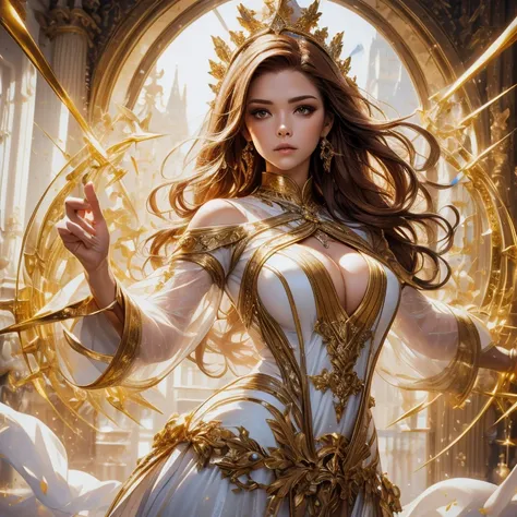 best quality, highres, hyper realistic best quality masterpiece detailed, European priestess curvy, see through clear transparent translucent white with gold trim dress, redhead, 1staff gold cross, cleavage 