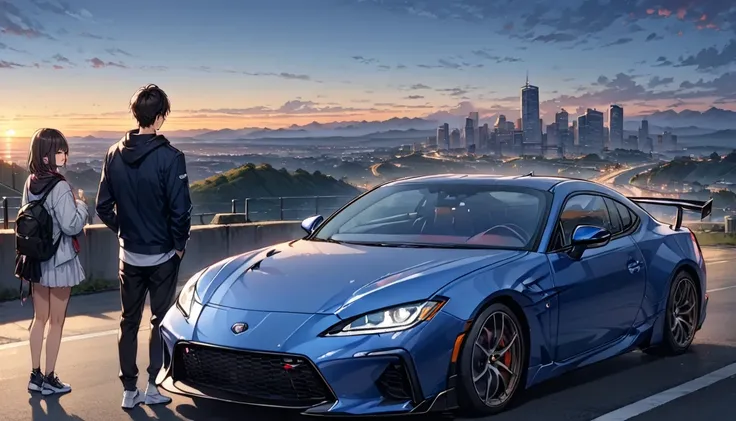 dark haired couple" Flying Bird"and"Haruna", in the background {x} sports car with a blue coupe body"GR86"in the background, Two people looking at the cityscape with the sunset road trip,Greatest Masterpiece,4K