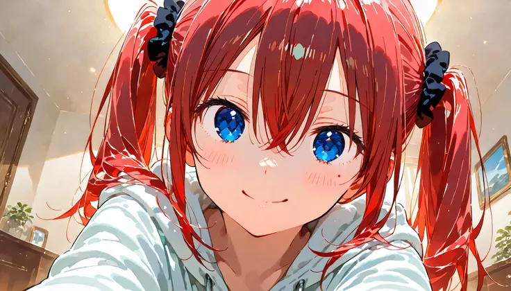 masterpiece , best quality, 1girl, medium length and tied into twin pigtails on both sides, round eyes, black scrunchie, bangs,hair between eyes, red hair, blue eyes eyes, mole under left eye, 16-year-old, making a peace sign, hoodie, looking at viewer, sm...