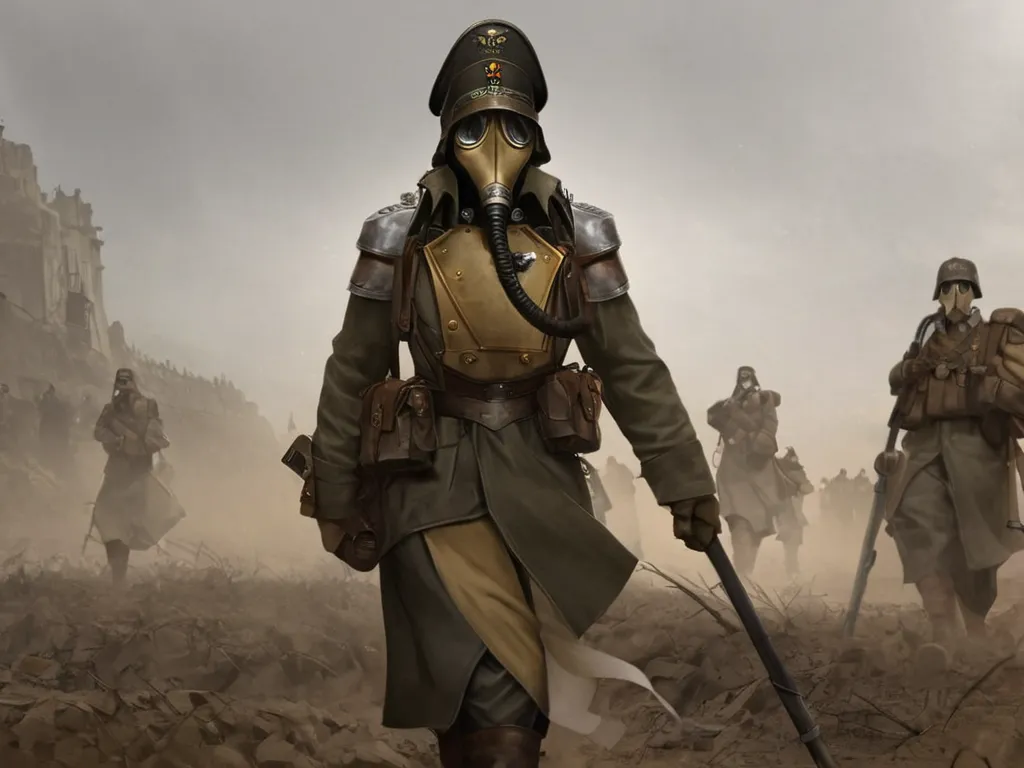 High resolution picture, Death Korps of Krieg Soldier, 1character gas mask, realistic, detailed, full body view, looking at viewer (death korps of krieg banner:1,3) (WW1 battlefield landscape:1,2) 