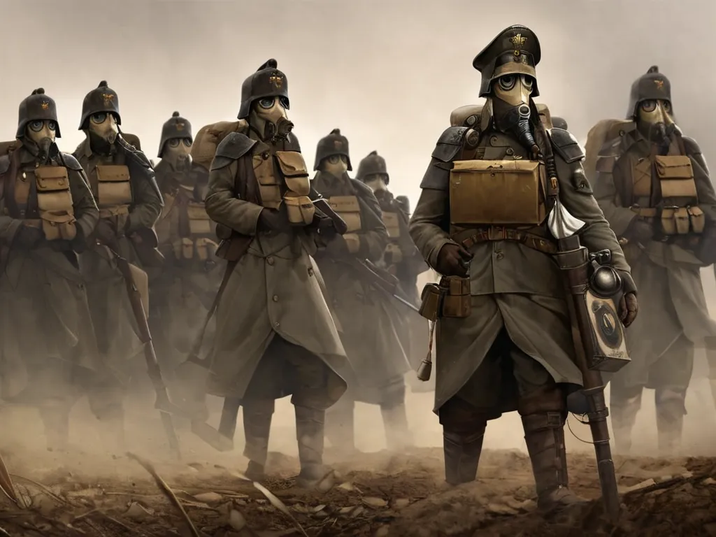 High resolution picture, Death Korps of Krieg Soldier, 1character gas mask, realistic, detailed, full body view, looking at viewer (death korps of krieg banner:1,3) (WW1 battlefield landscape:1,2) 