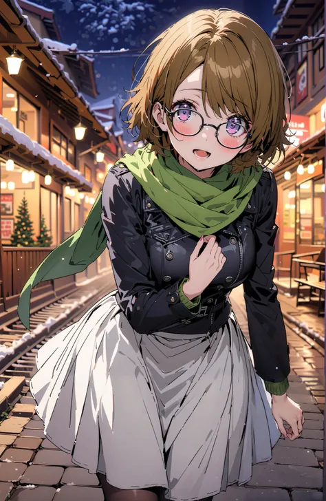  Hanayo Koizumi,  short hair ,  brown hair,  purple eyes,Glasses,blush, open your mouth, White Breath,green scarf,black coat, white long skirt,black pantyhose, Bbo~, standing,snow,night,綺麗なnight景, Beautiful Streetscapes,whole bodyがイラストに入るように,              ...