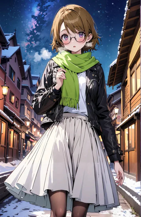  Hanayo Koizumi,  short hair ,  brown hair,  purple eyes,Glasses,blush, open your mouth, White Breath,green scarf,black coat, white long skirt,black pantyhose, Bbo~, standing,snow,night,綺麗なnight景, Beautiful Streetscapes,whole bodyがイラストに入るように,              ...