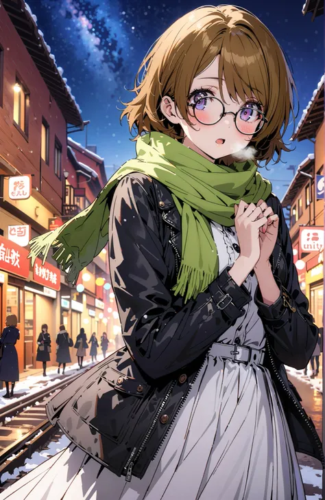  Hanayo Koizumi,  short hair ,  brown hair,  purple eyes,Glasses,blush, open your mouth, White Breath,green scarf, black down coat , white long skirt,black pantyhose, Bbo~, standing,snow,night,綺麗なnight景, Beautiful Streetscapes,whole bodyがイラストに入るように,       ...