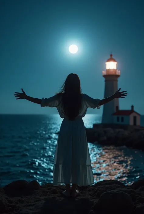 A young woman with open arms looking at the lighthouse, Behind is the short-haired Jesus Christ, invisible sea looking at the young woman on a moonlit night, an illuminated beacon, The lighthouse lights reflect the