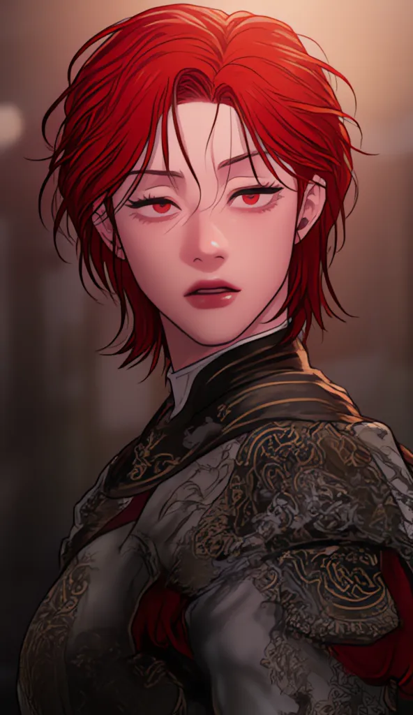 korean woman,  girl, Masculine,  short red hair  , Deep blushing cheeks, Creamy skin, bright cheeks, sculpted face, prominent lips, very defined, ultra quality, Knight's outfit in black armour, perky chest, serious expression, arched eyebrows, greek nose, ...