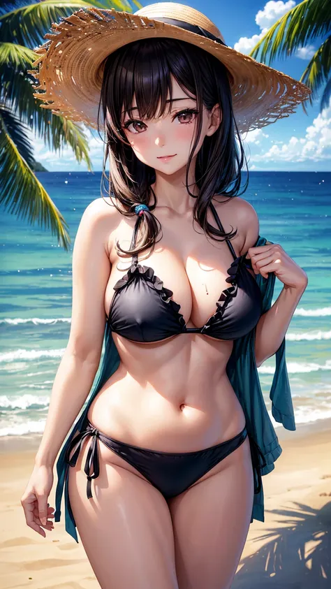 ((masutepiece, Best Quality, hight resolution, nffsw, Perfect Pixel,  4K, nffsw, nffsw))), 1girl in, {{anime, covered chest, low angle, whole body, dutch angle, source_anime, outdoors, beach, sea, colorful, vibrant, blurry background, looking at viewer, so...